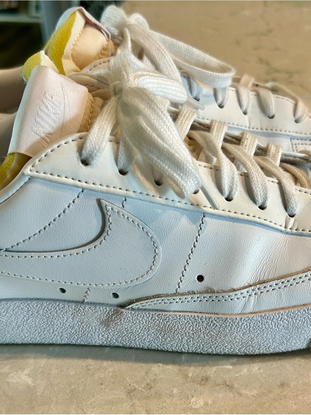 Nike White Leather Low-Top Sneakers with Yellow Tongue Detail